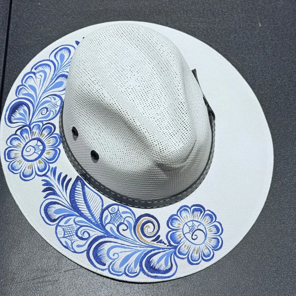 MEXICAN Artisanal Hat HandPainted Fedora Mandala Sombrero Panama Bohemian Medium - Picture 2 of 6